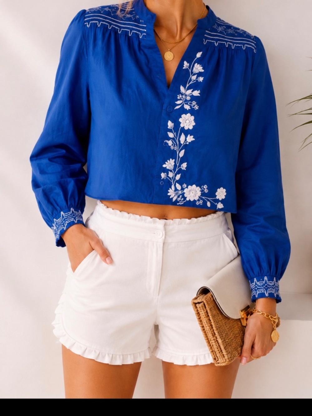 XS - ZARA blue and white embroidered crop shirt
